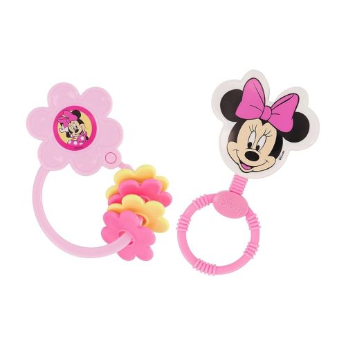 2 Pack Disney Minnie Mouse Character Shape Rattle and Keyring Teether, Premium Toddler Birthday Toys, Infant Teething Toys, Great for Newborn Shower Gifts