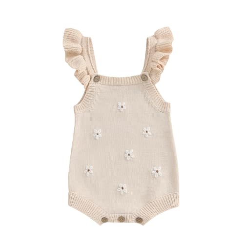 VSQWLZT Infant Baby Girl Summer Sleeveless Strap Bubble Romper One Piece Newborn Knitted Floral Bodysuit Outfit