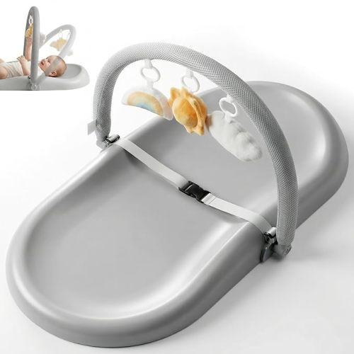 Mallify Wipe-Clean Baby Changing Pad, Waterproof Durable PU Pad, Soft & Non-Slip Safety Belt & Hanging Toys, Easy to Adjust & Removable Bar, Gray