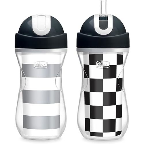 Chicco Double-Wall Insulated Flip-Top Sippy Cup with Silicone Straw and Spill-Free Lid 9oz.| Top-Rack Dishwasher Safe | Easy to Hold with Ergonomic Indents | Black/White/Silver, 2pk | 12+ months