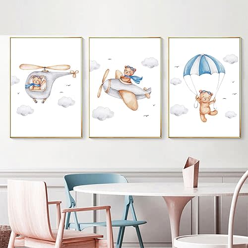 Cute Bear Airplane Nursery Poster And Print Cartoon Animal Painting Nordic Kids Baby Wall Picture Boy Room Decor/No Frame