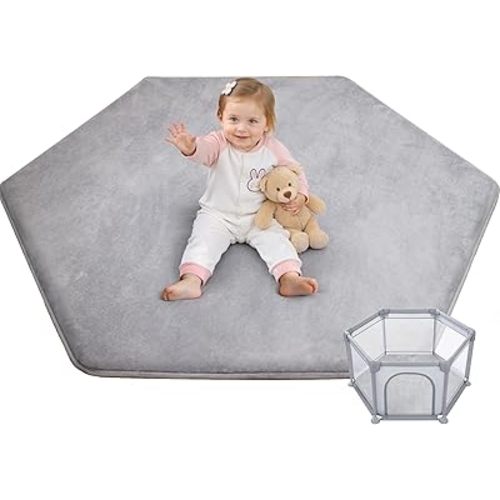 Thick Hexagon Playpen Mat,65x56 Inch Baby Play Mat for Floor,Soft Support & Plush Feel Foam Mats Play Tent Mats for Infant,Kids,and Toddler Crawling,Non-Slip Back for Indoor Playhouses(Light Grey)