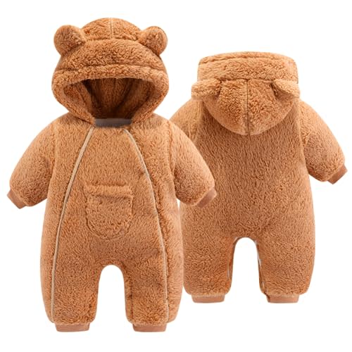 UVIPC Newborn Baby Bear outfit Baby Fleece Snowsuit Jumpsuit Warm Hooded Outfits Double Line Design