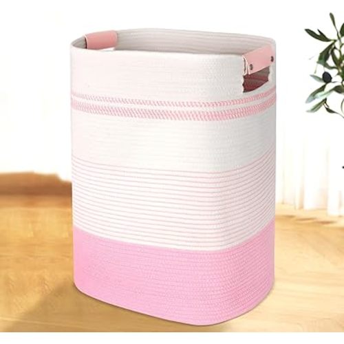AINUOQI Laundry Basket with Handles - Blanket Basket & Hampers for Bedroom Aesthetic, Laundry Hamper & Blanket Storage for Living Room, Clothes Hamper, Tall, Large 17" x 14" x 22”, Pink & White
