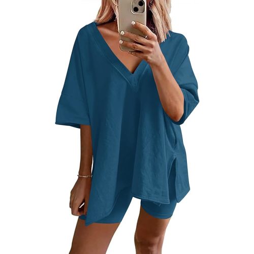 Ekouaer Womens Pajamas 2 Piece Lounge Sets Oversized V Neck T-Shirts Tops Biker Shorts Set Workout Reversible Tracksuit S-XXL