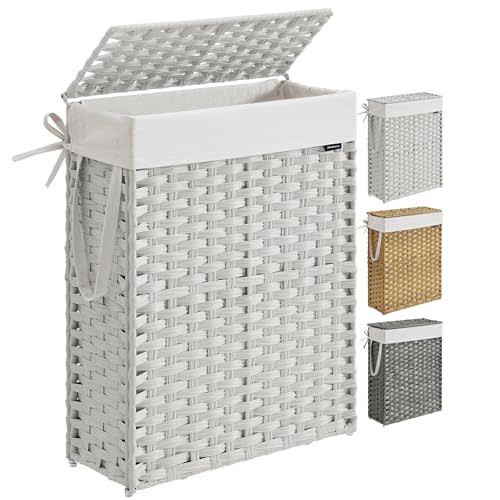 SONGMICS Slim Laundry Hamper with Lid, 14.5 Gallon (55L) Rattan Clothes Laundry Basket with Lid and Handles, Foldable, Removable Liner, Cloud White ULCB164W01