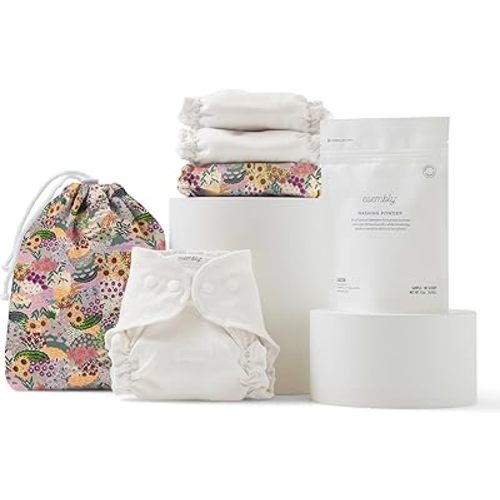 Esembly Try-It Kit - Cloth Diaper Starter Set with Organic Cotton Diapers, Waterproof Diaper Cover, Wet Bag, and Laundry Detergent - Botanic Garden, Size 1 (7-18lbs)