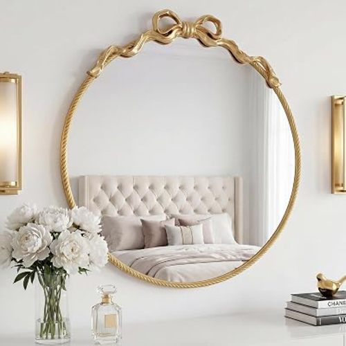 PERHOM Round Gold Bow Mirror Modern Circle Vanity Mirror 30"x28" Decorative Vintage Baroque Ornate Mirror Wall Decor with Metal Frame for Living Room Bedroom Nursery Bathroom Entryway Hallway