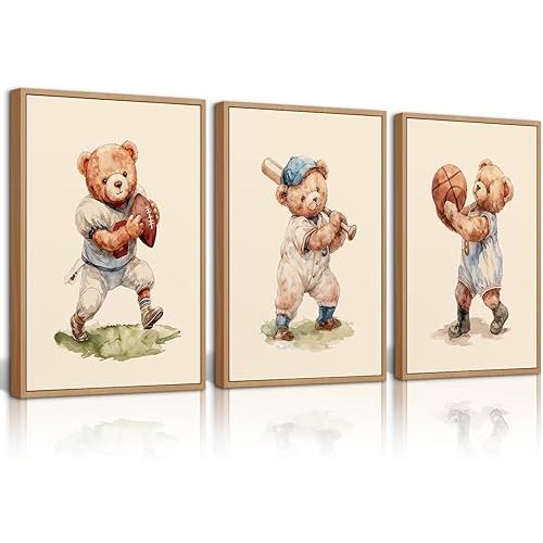 Lhoiplme Nursery Teddy Bear Wall Art Decor Boy Vintage Canvas Pictures Nursery Sports Prints Baby Boy Room Decor Kids Animal Poster Bear Artwork for Bedroom Playroom 8x10 Inch Set of 3 Unframed