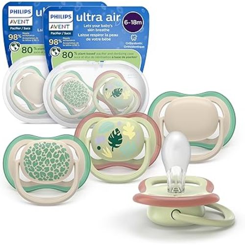 Philips Avent Ultra Air Pacifiers - Orthodontic Design, for Babies 6-18 Months, Soft Silicone Symmetrical Nipple, BPA-Free, 2 Sterilizing Cases, 4 Pack, SCF087/26