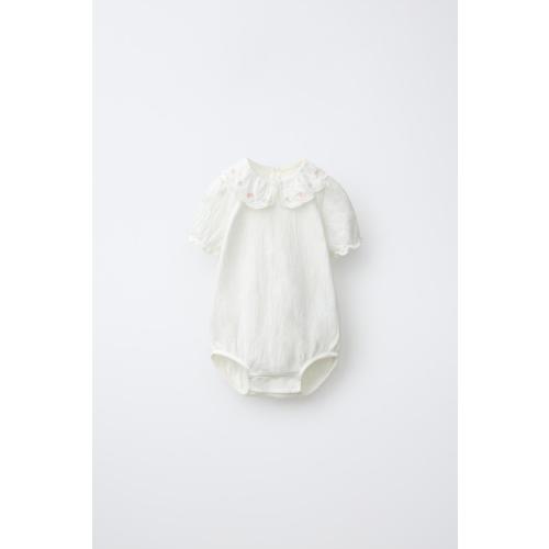EMBROIDERED FLORAL COLLAR TEXTURED BODYSUIT - White | ZARA United States