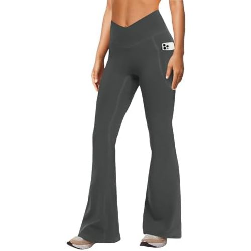 Women's Yoga Pants with Pockets No Front Seam Crossover High Waisted Flare Leggings Tummy Control Bootcut Pants