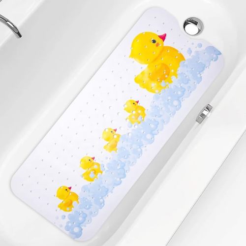 Kids Bath Mat for Tub Non Slip，40 X 16 Inch Extra Long Kids Bathtub Mat Duck Print Bathtub Shower Mat Safety Anti Slip with Suction Cups and Drain Holes, Machine Washable