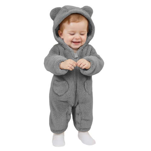 XAOFW Baby Bodysuit Boys Sleepsuit Winter Warm Hooded Cartoon Bear Design Set Long Sleeve Plush Cute Comfortable Daily Lounging Jumpsuit