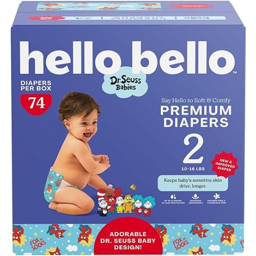 Hello Bello Dr. Seuss Babies Premium Diapers, Size 2, 74 Count: Softness & Protection for Sensitive Skin