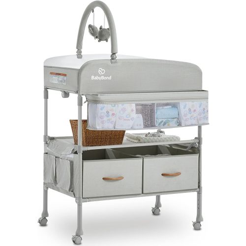 Portable Baby Changing Table with 2 Storage Baskets, BabyBond Foldable Changing Table Dresser Waterproof Diaper Changing Table Height Adjustable Changing Station for Infant and Newborn(Beige) - Beige with Storage Baskets