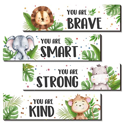 UBLURO 4-Piece Jungle Animals Wall Art - Motivational Wall Decor, Wooden Hanging Prints, Boys Room Decor
