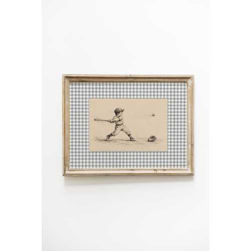 Baseball Nursery Decor, Vintage Baseball Print, Boy Playing Baseball Wall Art, Blue Gingham Storybook Nursery