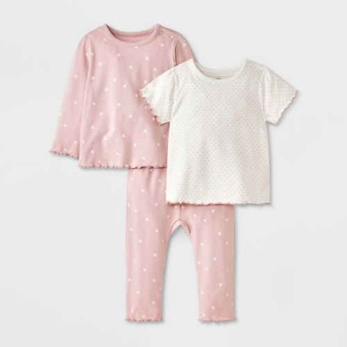 Baby Girls' Heart 3pc Top & Bottom Set - Cat & Jack™ Pink/Cream 6-9M