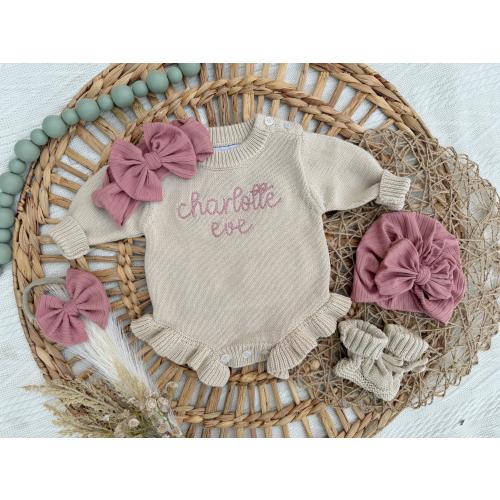 Personalized newborn knit ruffle sweater baby outfit, Custom cotton knitted baby bodysuit, coming home outfit