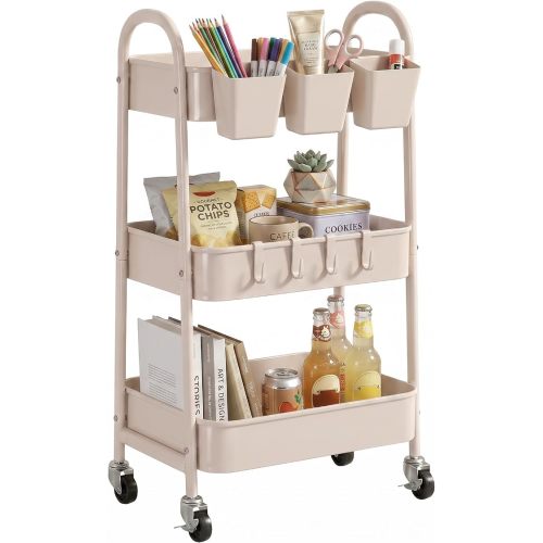 danpinera 3-Tier Rolling Cart, Utility Cart Mobile Metal Rolling Storage Cart with Lockable Wheels & Hanging Cups & Hooks for Kitchen, Bathroom, Office, Workshop, Beige
