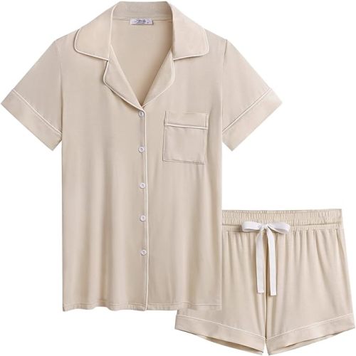 Cherrydew Women Bamboo Viscose Super Soft Comfy Summer Cooling Short Sleeve Button Down Pajama Shorts Set S-XXL