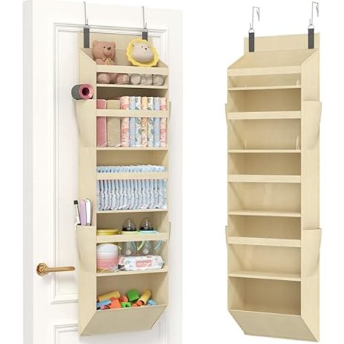 Lifewit 1 Pack Over the Door Organizer, Clear Window Hanging Storage with 4 Side Pockets, Anti Tilt 40 lbs Load Behind Door for Pantry, Nursery, Bathroom, Bedroom, Dorm, 5 Section, Beige