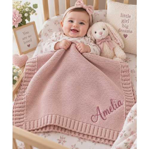 Personalized 100% Organic Cotton Knit Baby Blanket – Custom Embroidered Name Baby Gift
