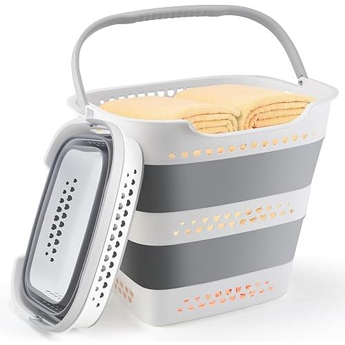 Collapsible Laundry Basket Foldable Pop-Up Laundry Hamper with Comfort Handles Portable Plastic Laundry Storage Basket Organizer Space Saving Dirty Clothes Hamper Container for Home, Dorm (Grey)