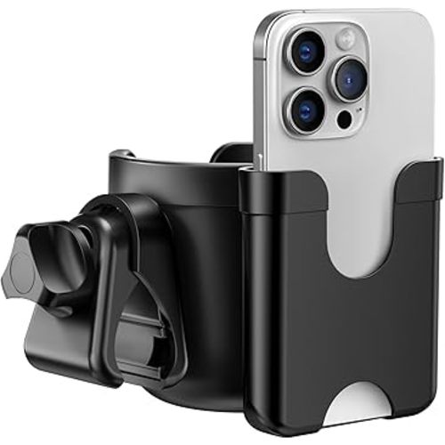 Guiseapue Stroller Cup Holder with Phone Holder: Universal Cup Holder for Walker, Wheelchair, Bike, Golf/Stroller Accessories for Uppababy, Nuna, Doona, Rollator, Golf Cart, Scooter, Black