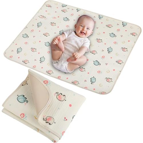 Baby Diaper Changing Pad, 19.7"x25.6" Waterproof Changing Pad Liners with 100% Muslin Cotton Front Top and Leather Back, Soft and Absorbent Portable Changing Mat for Travel