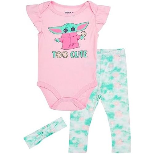 STAR WARS Baby Girls Baby Yoda One Piece Bodysuit Jogging Pants and Matching Headband 3 Piece Set