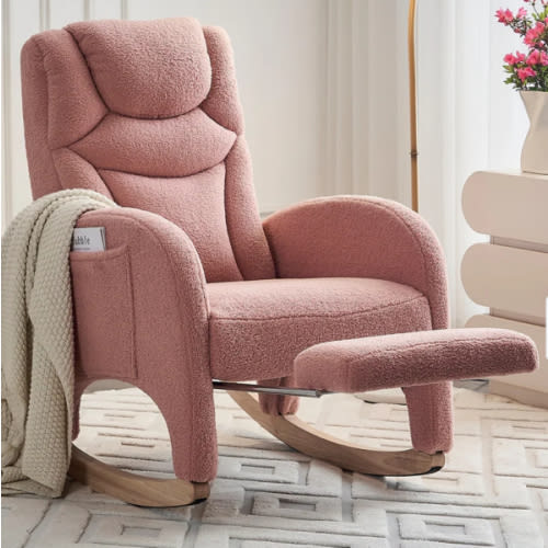 Pink Fabric Nursery Rocking Chair With Adjustable Footrest Pink