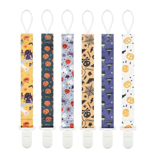 Halloween Pacifier Clips, 6 Pack Binkie Paci Holder Clips for Boys and Girls Fits for Most Pacifiers, Teethers & Toys and Holiday Gift(Bone,Skull,Ghost,Pumpkin)