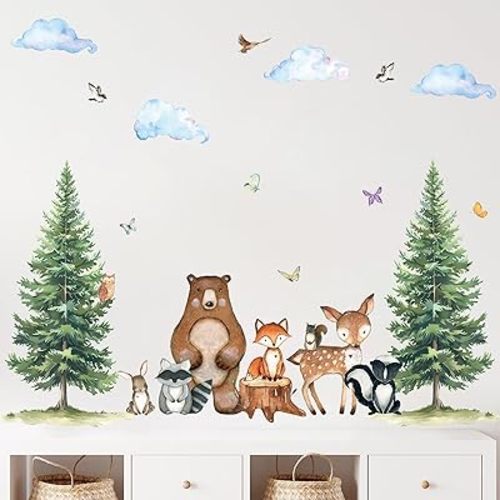 Uflashmi Woodland Nursery Wall Decor Decal, Woodland Forest Animal Wall Stickers for Baby Nursery Bedroom Kids Room Decor