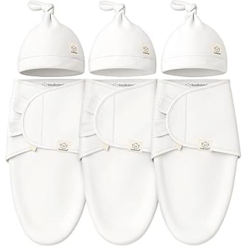 KeaBabies 3-Pack Swaddles for Newborns, Girls, Boys with Hats - Organic Soft Baby Sleep Sacks, Breathable Baby Swaddle 3-6 Months Beanies Set, Premie Infant Sleep Sack 0-3 Months (Soft White)