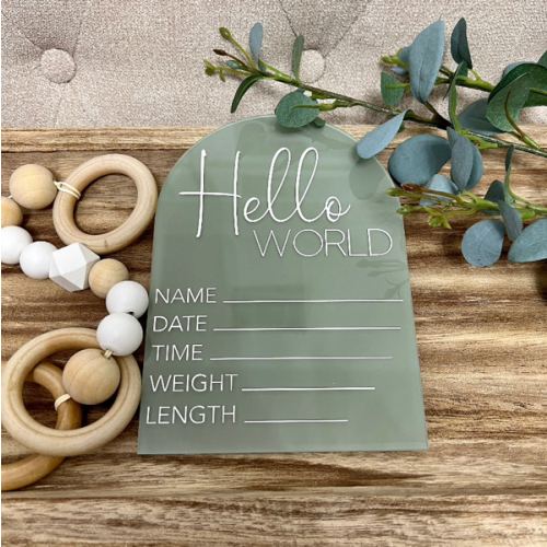 Acrylic Hello World Birth Announcement Sign: Baby Stats Photo Prop