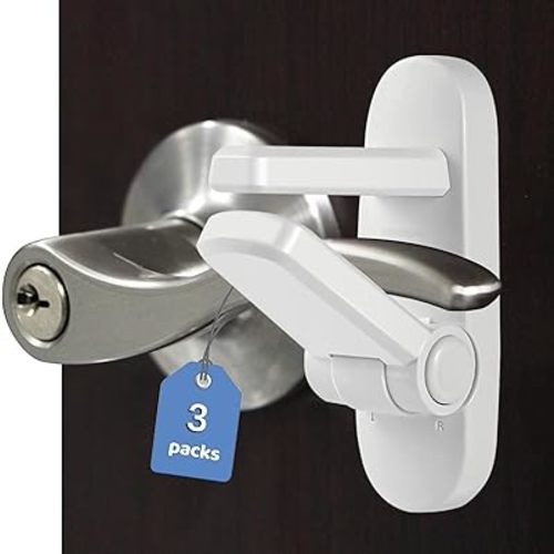 Childproof Door Lever Lock Baby safety locks for doors (3 Pack) Improved door safety for kids, 3M Adhesive No Drilling Child Safety Door Handle Lock. Simple Install, No Tools Needed (White, 3)