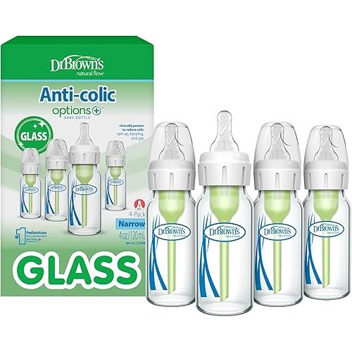 Dr. Brown's Anti-Colic Options+ Narrow Glass Baby Bottle with Level 1 Slow Flow Nipple, BPA-Free, 4 oz/120mL, 4-Pack
