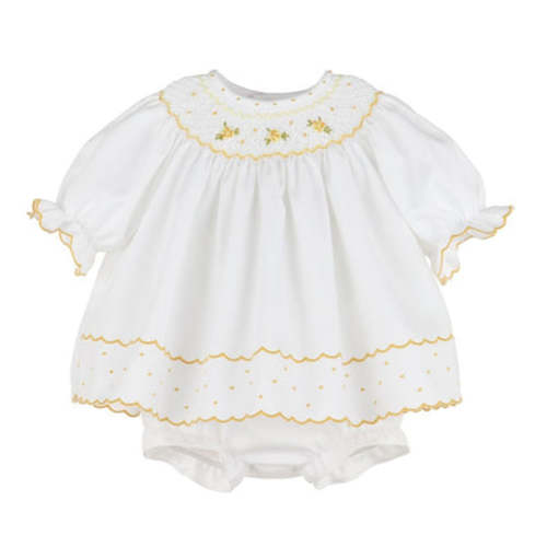 Luli & Me Baby Girls Classic White BIshop Dress - Bloomers & Bonnet - Smocked in Yellow – Best Dressed Child