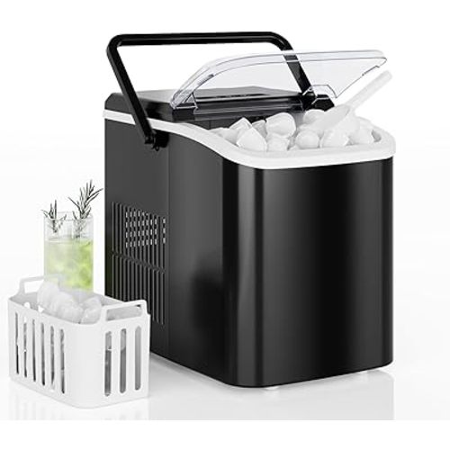 DUMOS Countertop Ice Maker with Handle, 26lbs/24H Portable Ice Machine, 9 Bullet Ice Cubes Ready in 6 Mins, Self-Cleaning, Quiet Compact Ice Maker for Home, Kitchen, RV, Camping, Black
