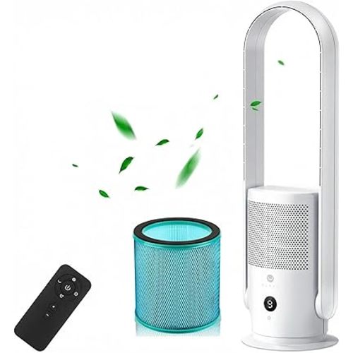 U ULTTY Bladeless Fan with Air Purifier, Quiet Tower Fan with Remote, Touch, 9 Speeds, 8H Timer, HEPA Filter 99.97%, 90° Oscillation Fans, Floor Fans Powerful for Home Office Room, CR022D White