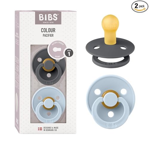 BIBS Pacifiers Colour Collection | Natural Rubber Baby Pacifier | Set of 2 BPA-Free Soothers | Made in Denmark | 0+ Months (Pack of 2) | Baby Blue/Iron