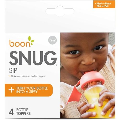 Boon Snug Sip Universal Water and Juice Silicone Bottle Toppers - Soft Spout Conversion Caps with Spill Proof Valves - Silicone Bottle Covers for Travel - Includes 4 Toppers and 4 Cases