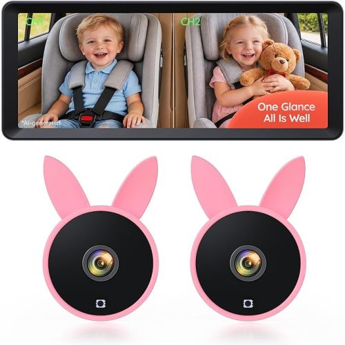 Babyvue Dual Car Camera Baby Monitor for 2 Kids | 7.2'' HD Split Screen 1080P with Auto IR Night Vision & Wide Angle Lens, Easy Setup for Infant Toddler Backseat Mirror(Pink)