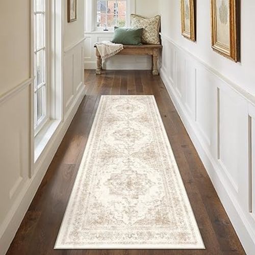 Runner Rug 3x8 Cream Hallway Washable Beige Carpet Non Slip Vintage Medallion Beige Carpet Low Pile Soft Distressed Retro Indoor Long Rug for Entryway Kitchen Bathroom Laundry Bedroom