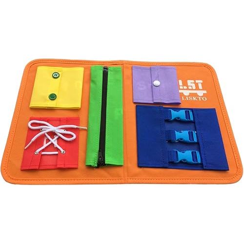 Busy Board Dress Learning Boards for Fine Motor Skills & Learn to Dress, Basic Life Skills Sensory Board, Learn to Zip, Snap, Tie Shoe Laces and Buckle (Type1, Orange)
