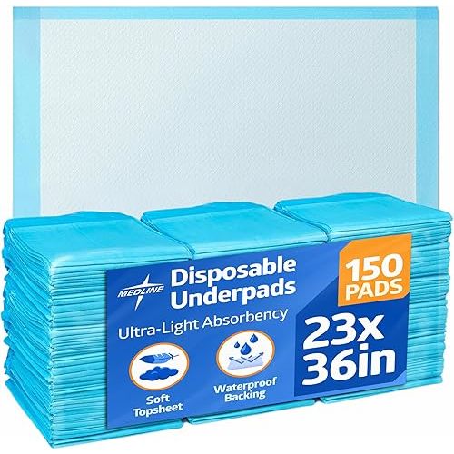 Medline Disposable Chucks Pads, 23 x 36 inches (Pack of 150), Ultra-Light Absorbency Pee Pads for Surface Protection, Disposable Diaper Changing Pads for Baby, Puppy Pads for Dog Potty Training