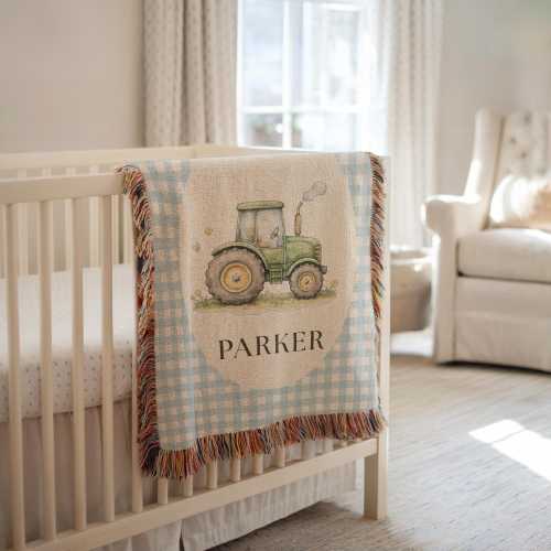 Personalized Tractor Baby Blanket Baby Boy Farm Nursery Blanket Custom Name Toddler Tractor Gift Vintage Farm Animals Nursery Decor Boy Room