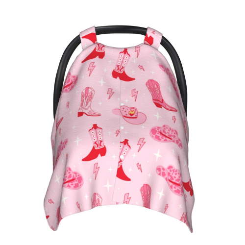 Car Seat Cover Baby, Retro pink Cowgirl boots hat Baby Car Seat Cover for Baby Boys Girls Newborn , Infant Car Seat Canopy Cover Nursing Breastfeeding Cover Warm Blanket